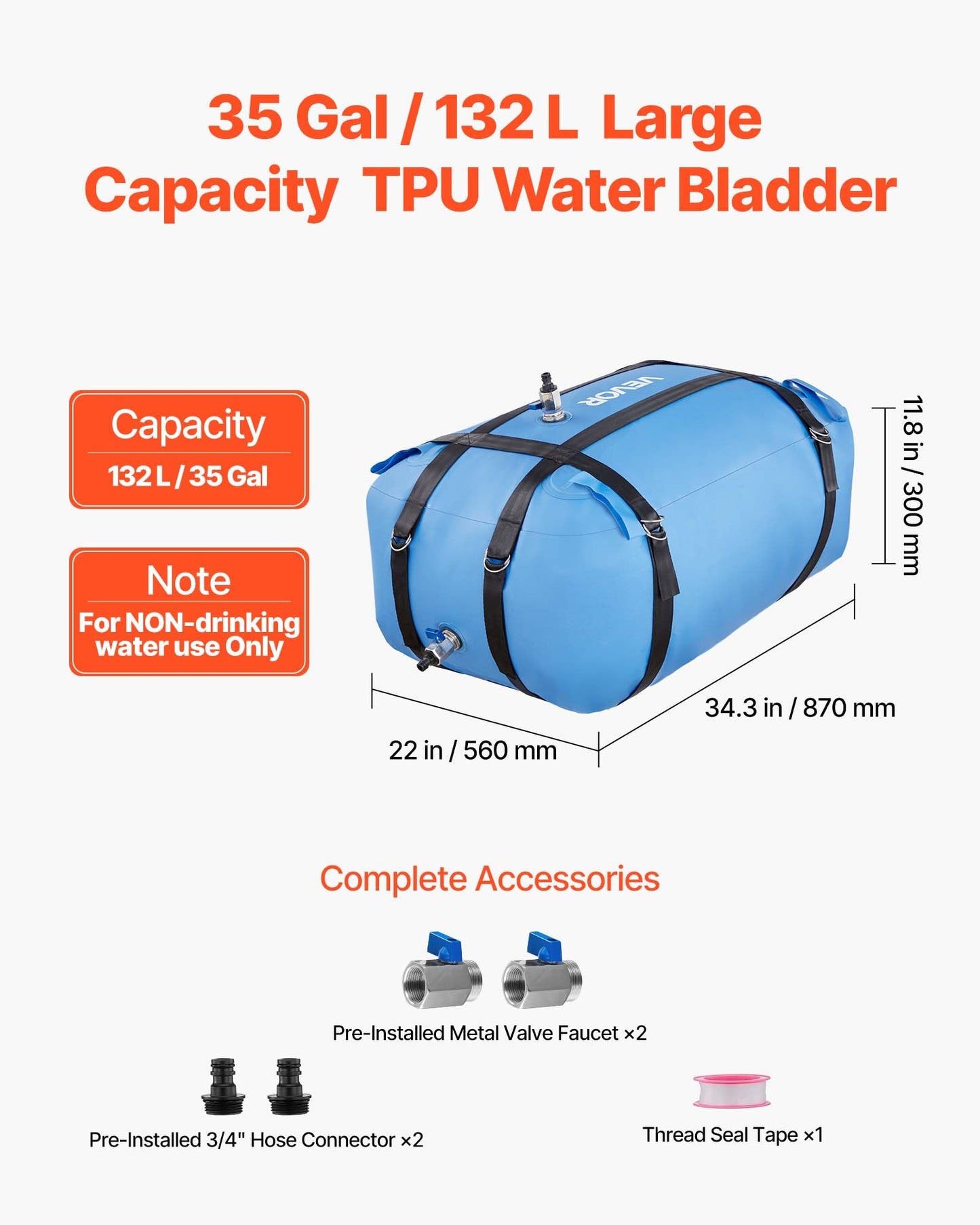 Water Storage Bladder, 132L Large Capacity TPU Soft Water Bag,